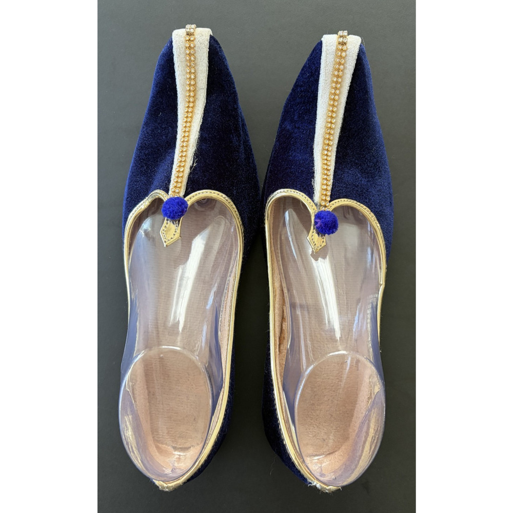 Indian *M's 8/ W's 10 Wedding Mojari Shoes Blue Velvet PomPom Rhinestone Details